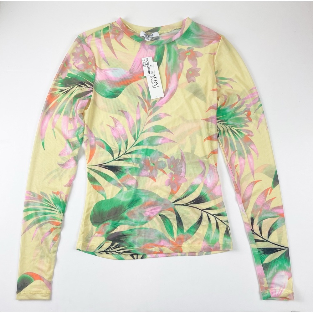 AFRM Los Angeles Shirt Womens Small Lime Palm Sheer Mesh Long Sleeve Tee NWT
